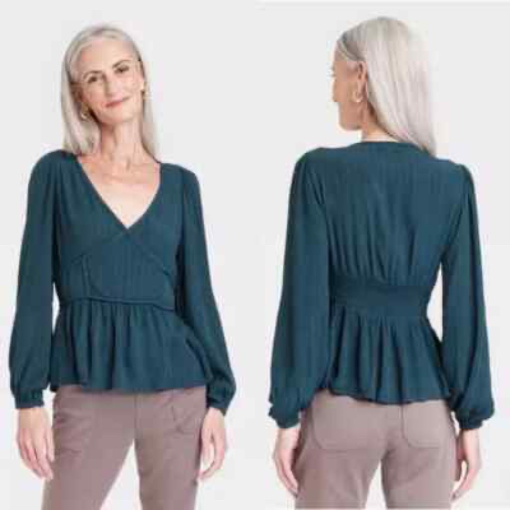 Knox Rose Teal Long Sleeve Peplum Top Silver Metallic Stripe size Small